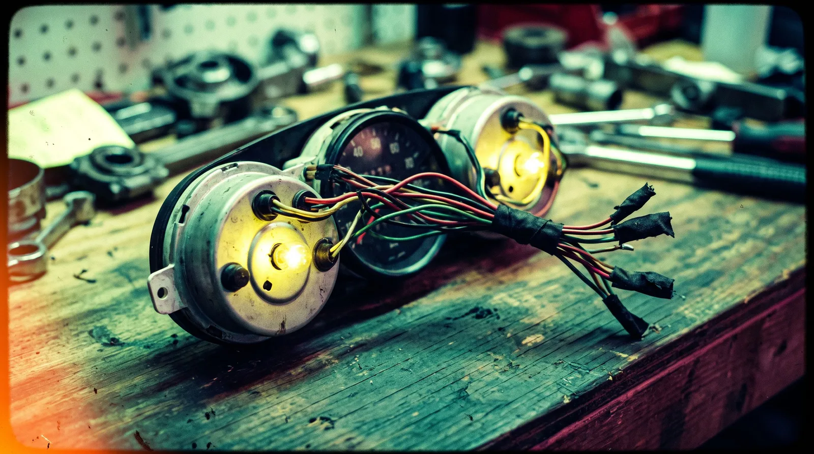 Painel de instrumentos automotivo visto por trás, com o chicote de fios cortado e sem conector na ponta