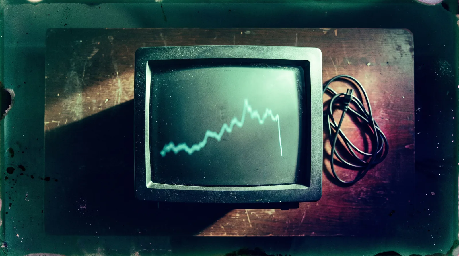 Monitor CRT com um gráfico de linha que termina cortado bruscamente na borda da tela