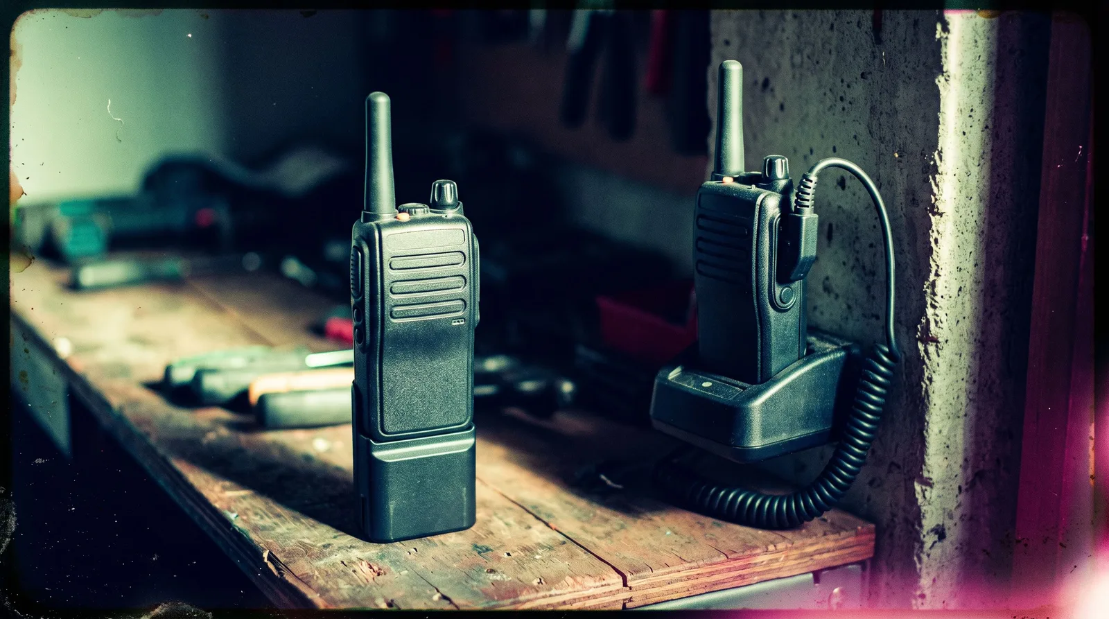 Dois rádios comunicadores idênticos lado a lado: um sozinho com bateria própria, o outro ligado por cabo em espiral a uma base na parede