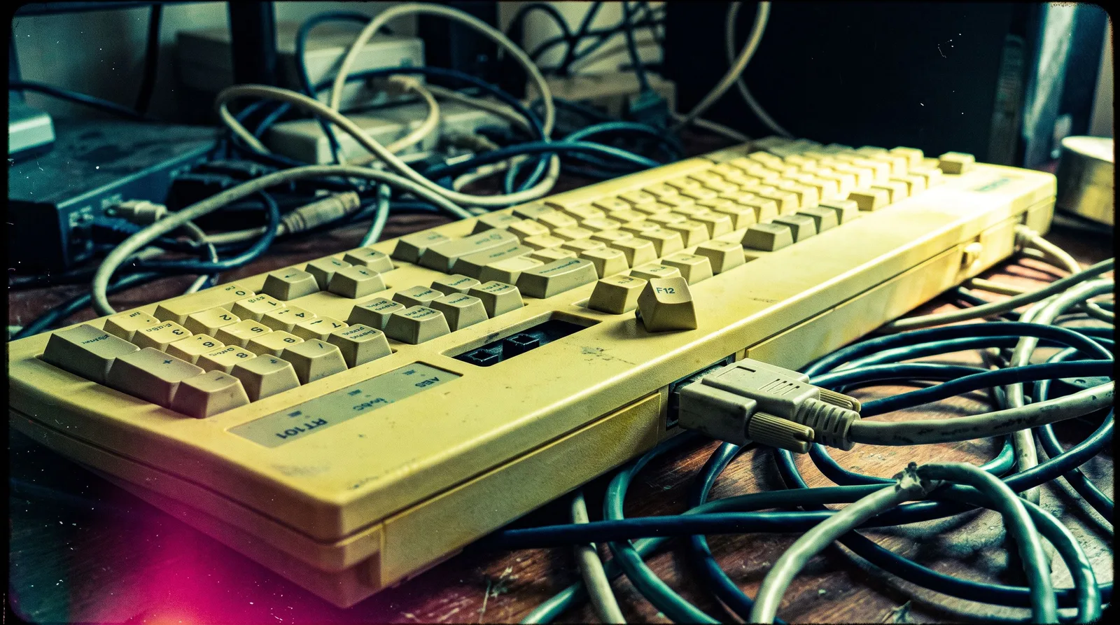 Teclado antigo com uma tecla removida da fileira, vários cabos convergindo para um único conector