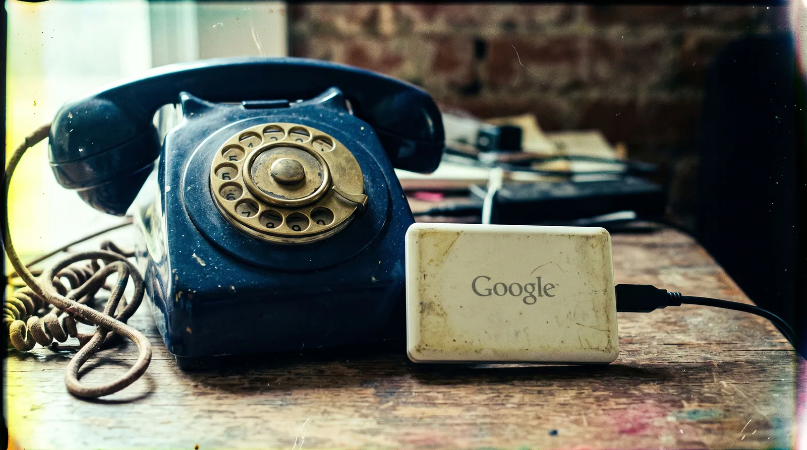 Disco de telefone antigo desconectado ao lado de um leitor de cartão com o logo do Google
