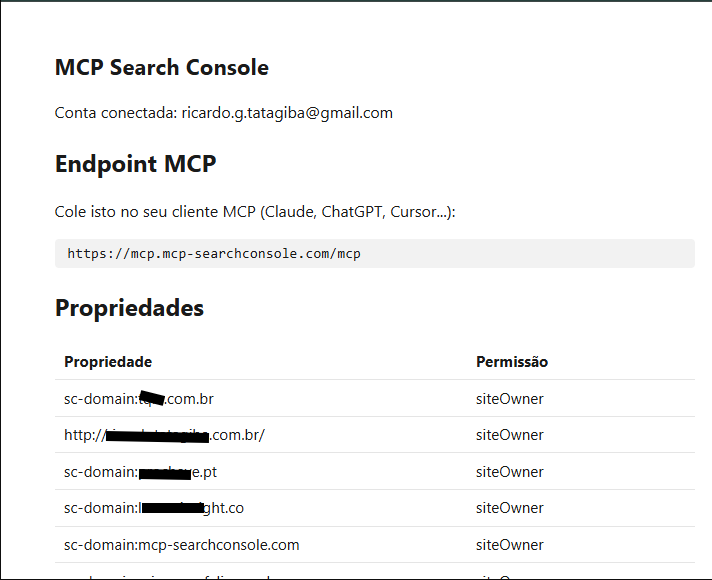Página de conta do MCP Search Console mostrando o endpoint MCP para copiar