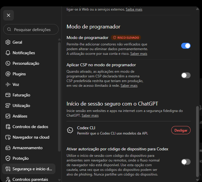 Configurações do ChatGPT com o Modo de programador ativado