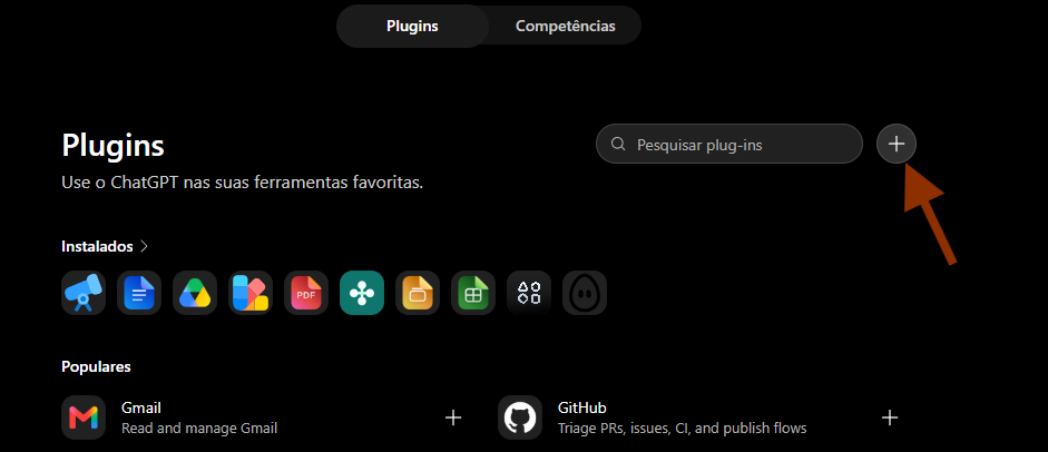 Tela de Plugins do ChatGPT com seta apontando para o botão de adicionar