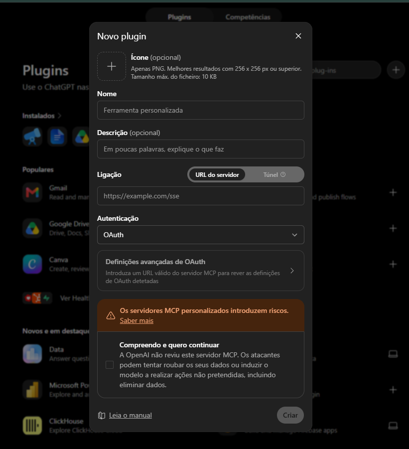 Formulário Novo plugin do ChatGPT com URL do servidor e autenticação OAuth