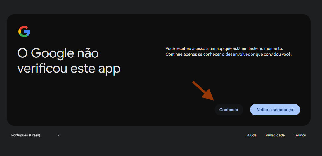 Aviso do Google de app não verificado com botão Continuar