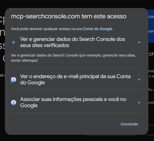 Tela de permissões do Google mostrando acesso ao Search Console