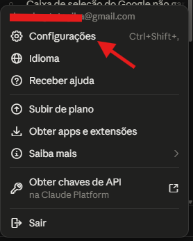 Menu do avatar do Claude com a opção Configurações destacada