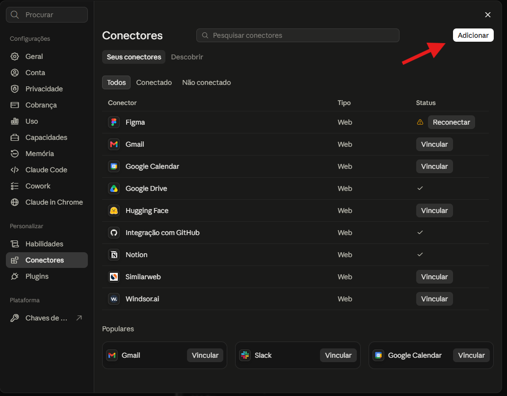 Tela de Conectores do Claude com o botão Adicionar destacado