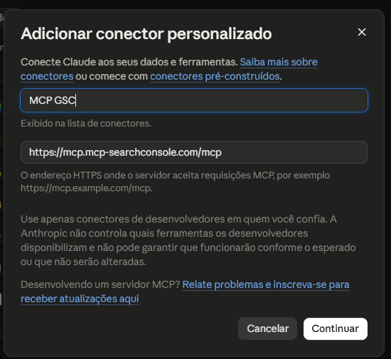 Formulário Adicionar conector personalizado do Claude com nome e URL preenchidos