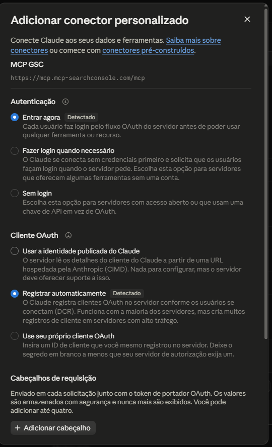 Tela de opções de autenticação e cliente OAuth do Claude com as opções detectadas marcadas