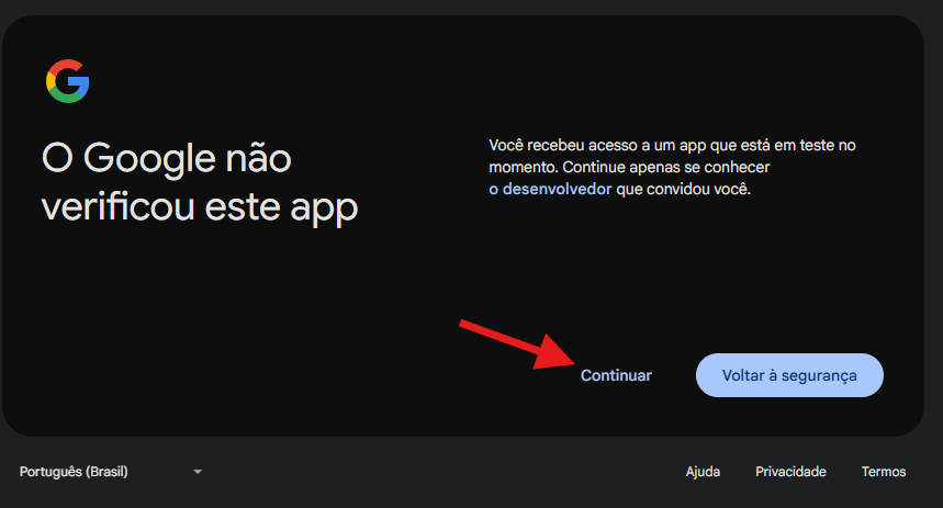 Aviso do Google de app não verificado com botão Continuar