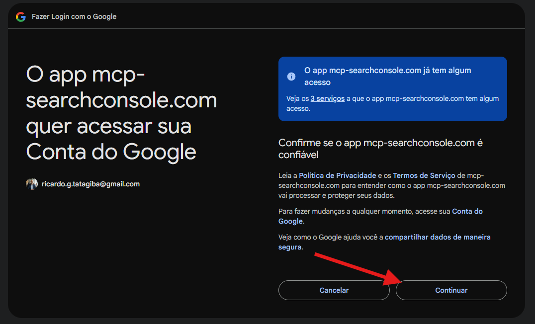 Tela de permissões do Google mostrando acesso ao Search Console