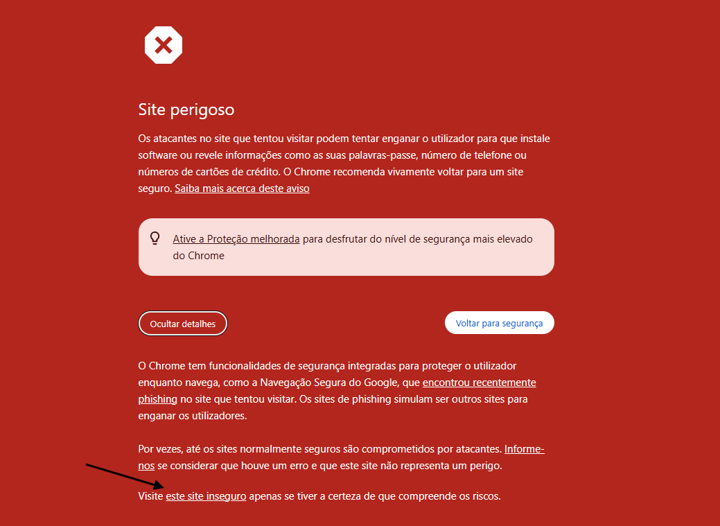 Aviso do Chrome com os links "Informe-nos" e "este site inseguro" destacados
