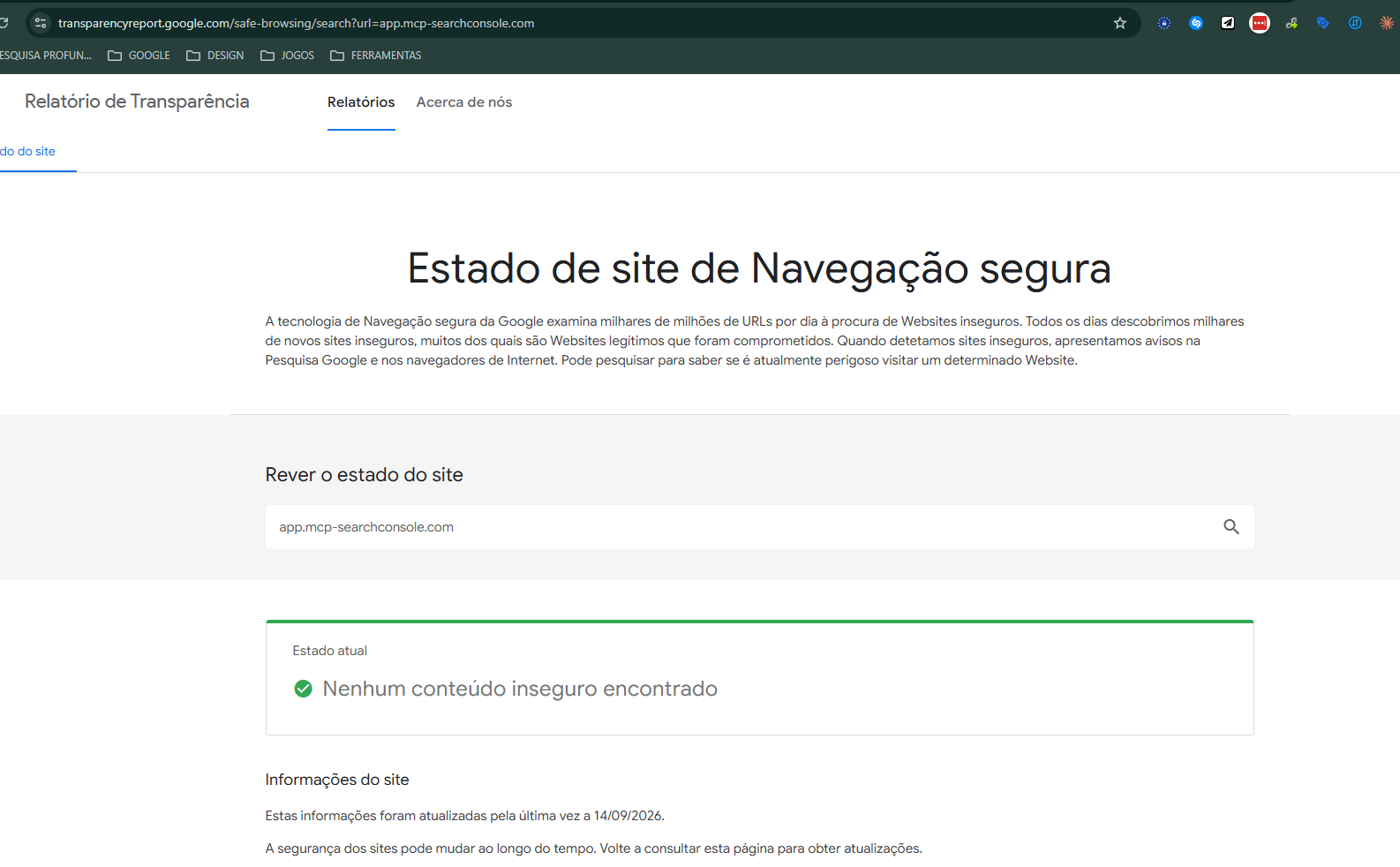 Relatório de Transparência do Google mostrando "Nenhum conteúdo inseguro encontrado" para o domínio